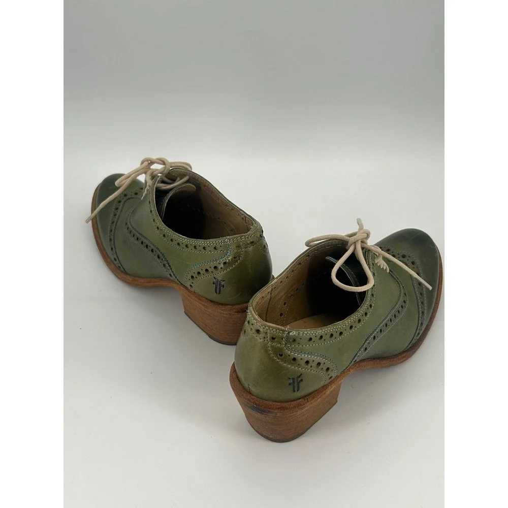 Frye Olive Green Leather Wingtip Oxford Heels Lace Up Shoes Women's 7.5 B